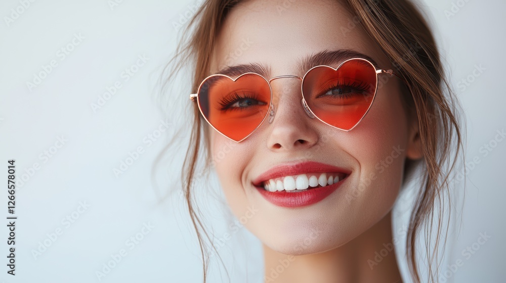 A woman wearing red heart shaped sunglasses is smiling. Generative AI A woman wearing red heart shaped sunglasses is smiling. Generative AI