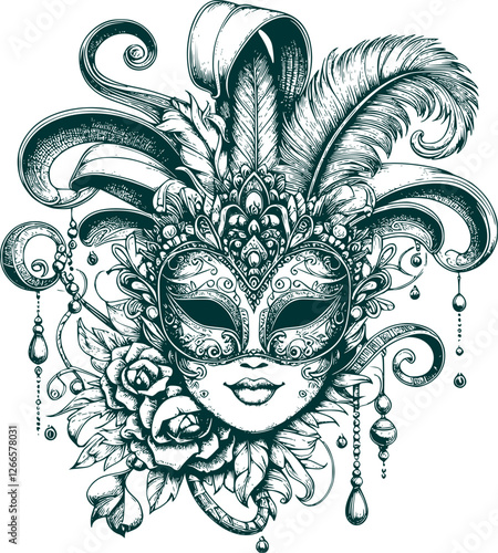 venetian carnival mask lineart isolated on white, illustration of festival mask, italian mask.