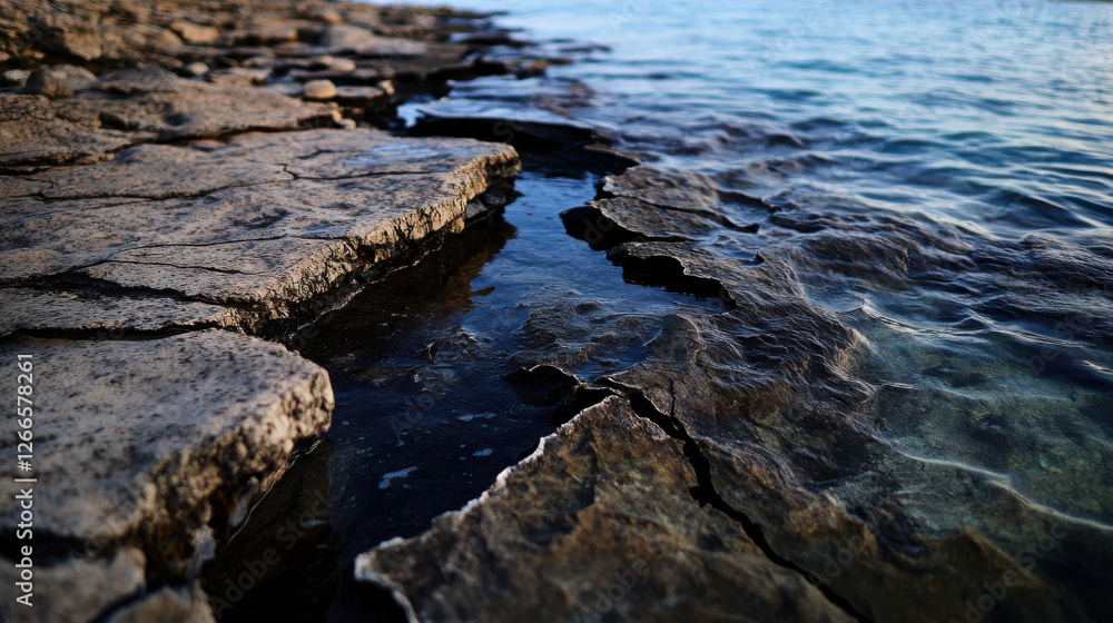 Cracked shoreline revealing water beneath, showcasing nature Cracked shoreline revealing water beneath, showcasing nature