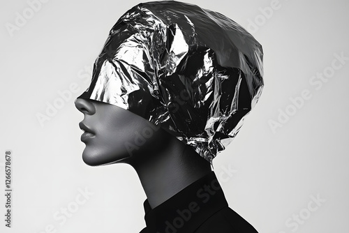 Photograph of a fashion model in a liquid chrome style, with a silver foil-wrapped head and shoulders, set against a white background.