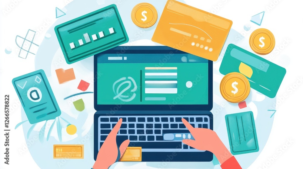 Online payment flat design top view fintech theme cartoon drawing Triadic Color Scheme. Online payment flat design top view fintech theme cartoon drawing Triadic Color Scheme.