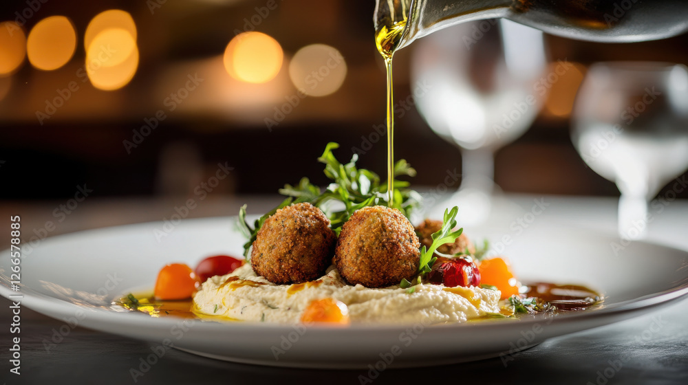 Crispy falafel drizzled with olive oil on hummus plate Crispy falafel drizzled with olive oil on hummus plate