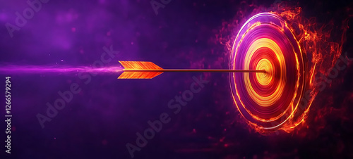 A vibrant purple background with a bullseye target and an arrow hitting the center. high resolution AI Generative image
