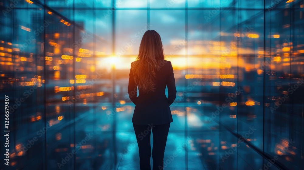 Businesswoman contemplating a sunset in a modern office Businesswoman contemplating a sunset in a modern office