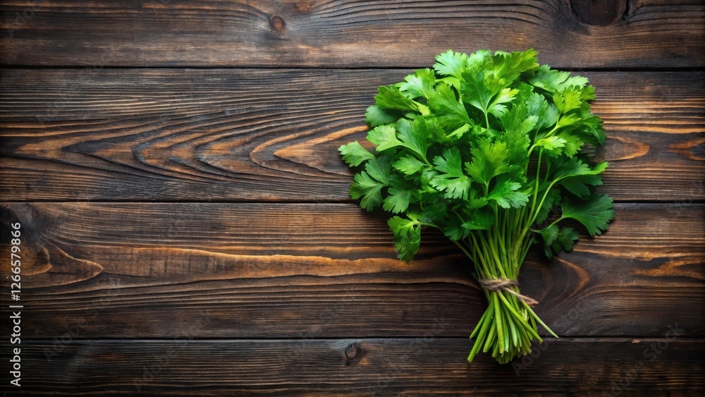 A vibrant bunch of fresh parsley rests on a rustic dark wood surface A vibrant bunch of fresh parsley rests on a rustic dark wood surface