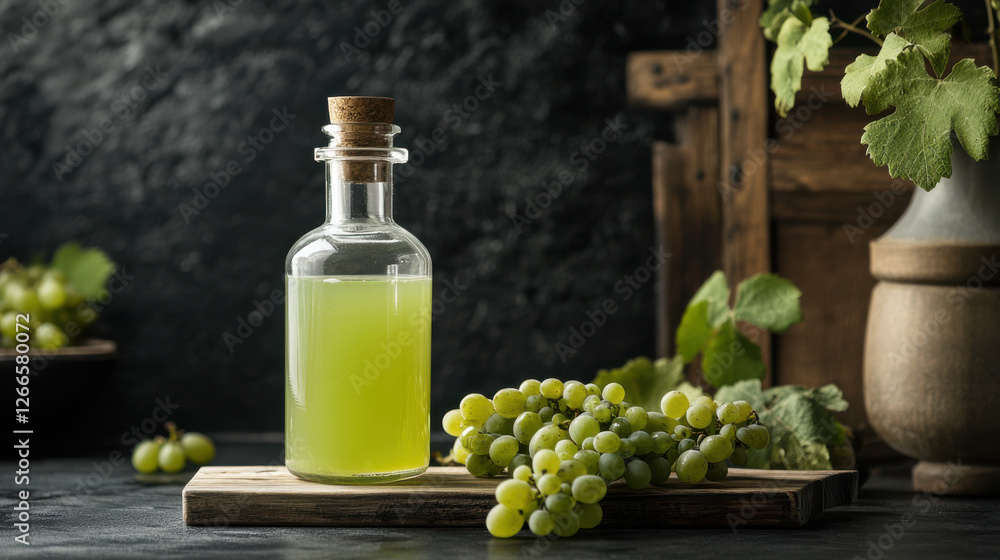 Fresh green grape juice in glass carafe with grapes Fresh green grape juice in glass carafe with grapes