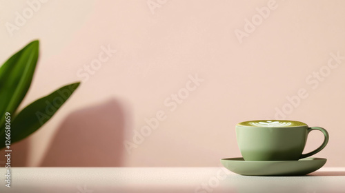 green tea latte with latte art on minimalistic table