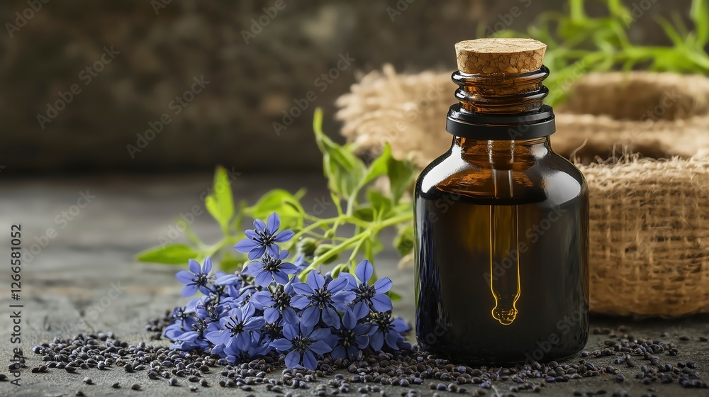 Close-up of a dark amber bottle of nigella oil with a dropper, surrounded by black seeds and natural herbs Close-up of a dark amber bottle of nigella oil with a dropper, surrounded by black seeds and natural herbs
