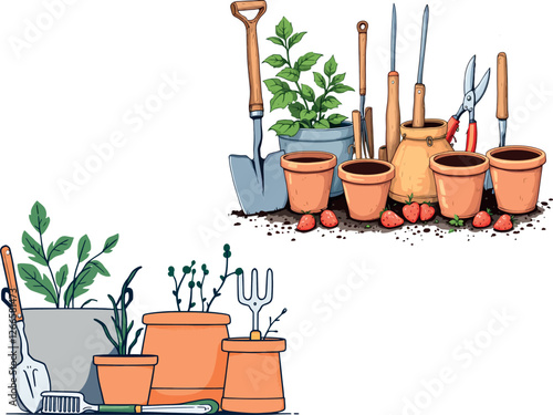 Vsai gardening tools and pots with greenery