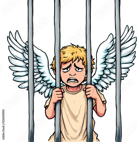 Vsai sad angel child holding prison bars, feeling trapped and depressed