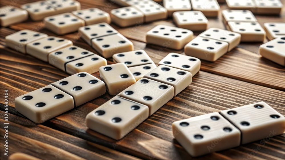 Classic Dominoes Scattered on Wooden Surface, Ready for a Game of Skill and Chance