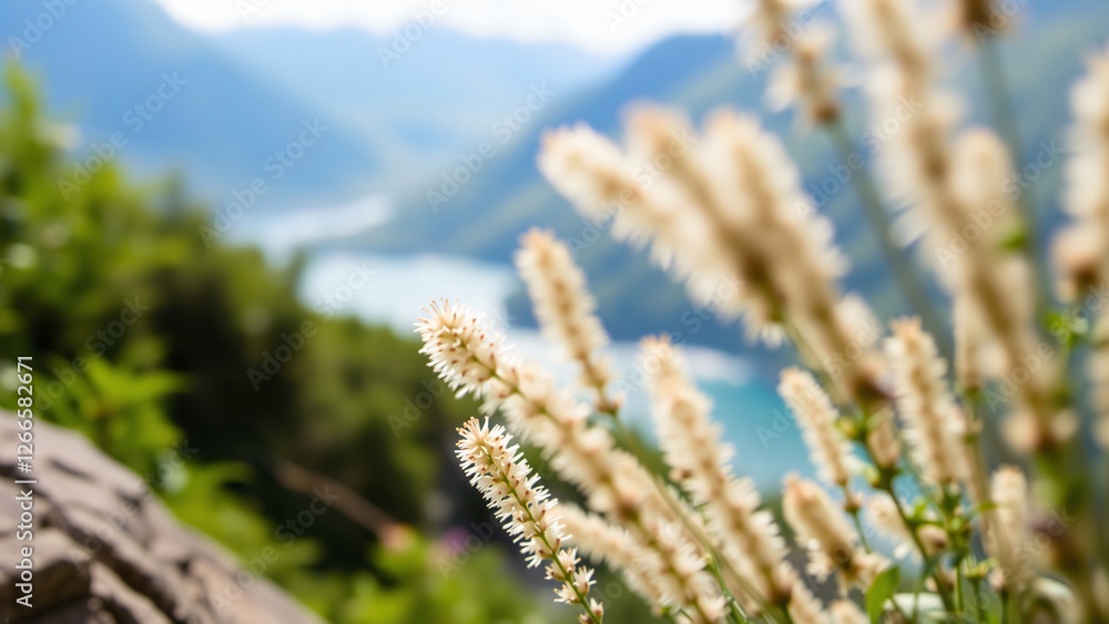 Serene Mountain Vista with Delicate Wildflowers Serene Mountain Vista with Delicate Wildflowers