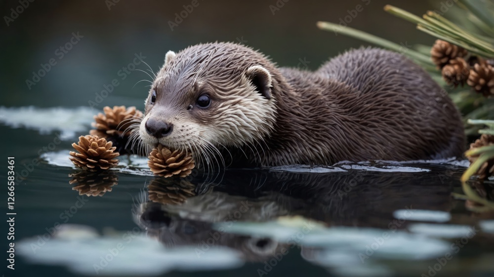 A playful otter floating in water, holding pine cones among aquatic plants. A playful otter floating in water, holding pine cones among aquatic plants.