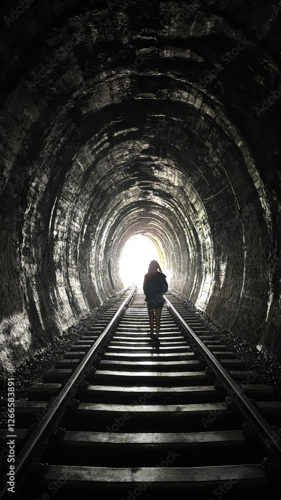 Obraz premium a person walking on a dark grey train tunnel with light at the end