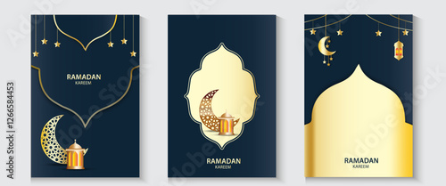 Collection of greeting cards or banner Ramadan and Eid background with copy space,Eid Al-Fitr Mubarak, Ramadan Kareem, Islamic Style Greeting Background Collection Set with Arabic Ornaments