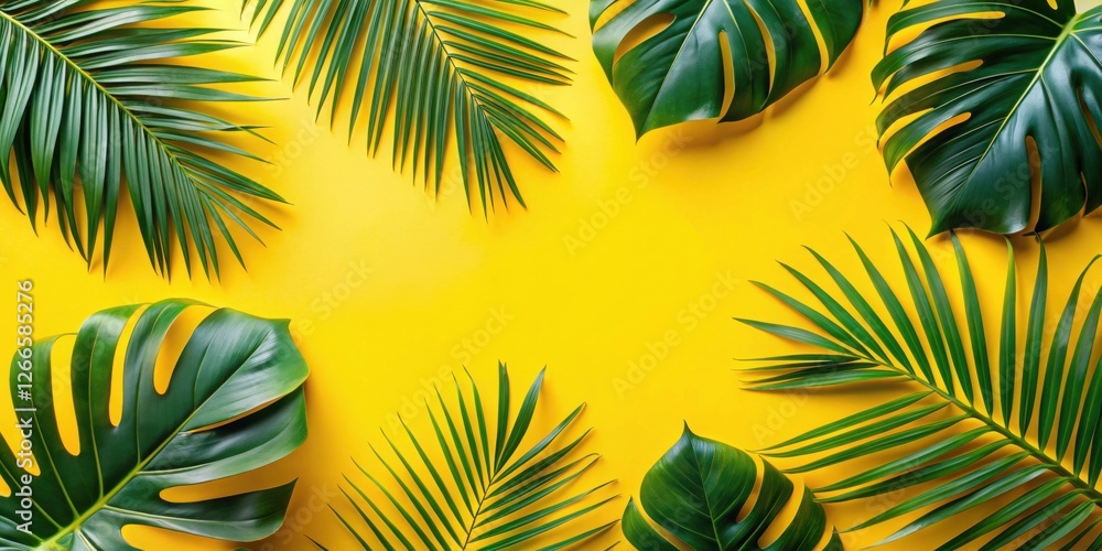 Naklejka premium Vibrant Yellow Background Featuring an Array of Lush Green Tropical Foliage Arranged in a Decorative Border