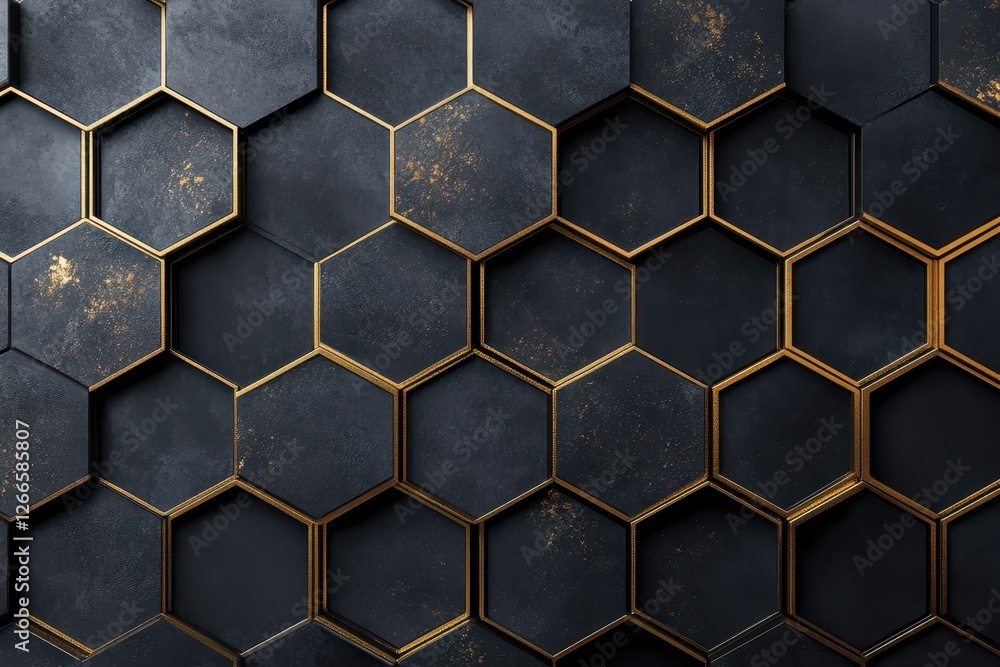 Dark hexagon tile pattern with gold accents creates depth Dark hexagon tile pattern with gold accents creates depth