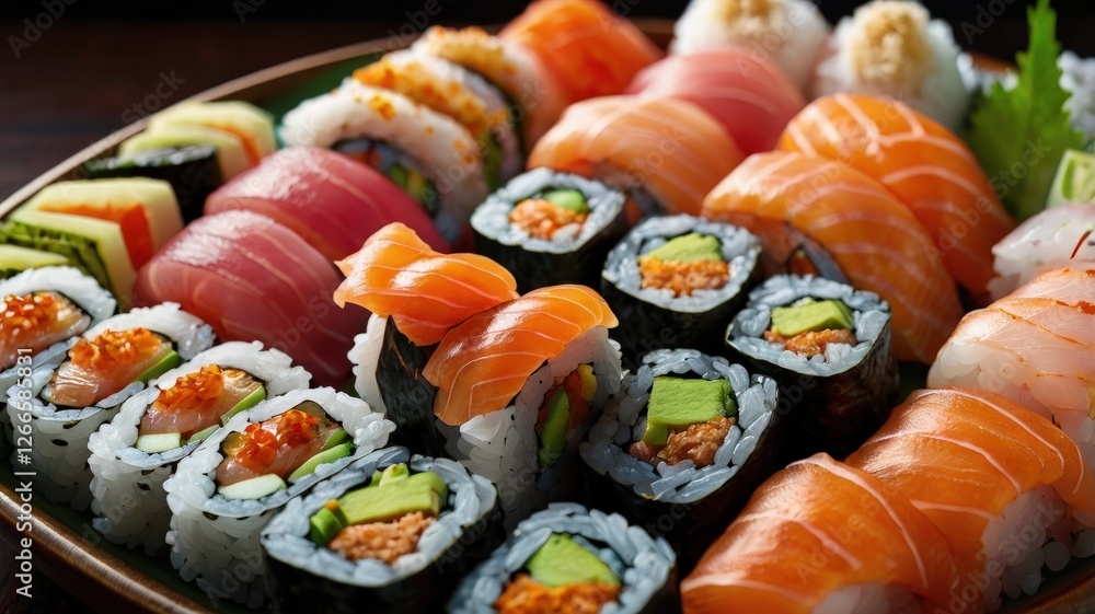 Artful Sushi Platter: Assorted Rolls, Sashimi, and Nigiri with Soy Sauce and Chopsticks in Bold Colors Artful Sushi Platter: Assorted Rolls, Sashimi, and Nigiri with Soy Sauce and Chopsticks in Bold Colors