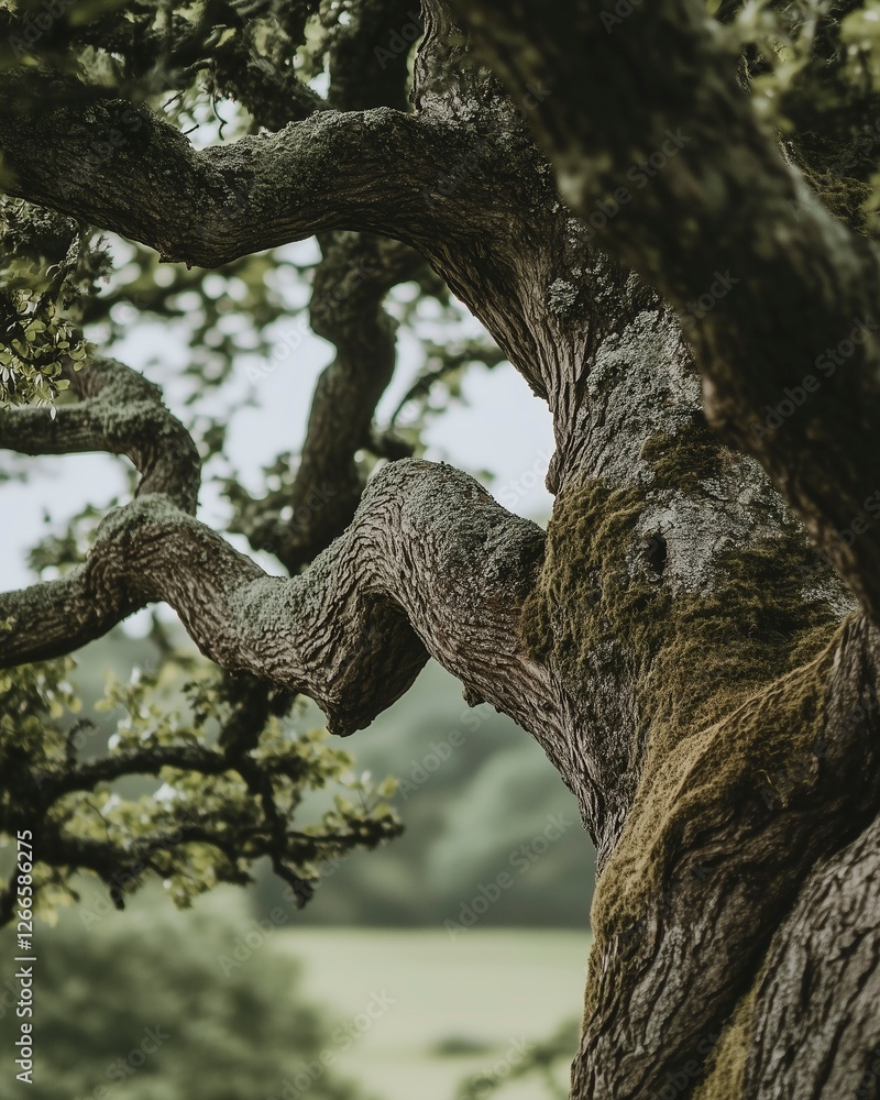 Close-up of an ancient oak tree’s gnarled branches with moss Close-up of an ancient oak tree’s gnarled branches with moss