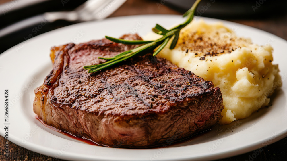 Juicy ribeye steak with creamy mashed potatoes and herbs Juicy ribeye steak with creamy mashed potatoes and herbs