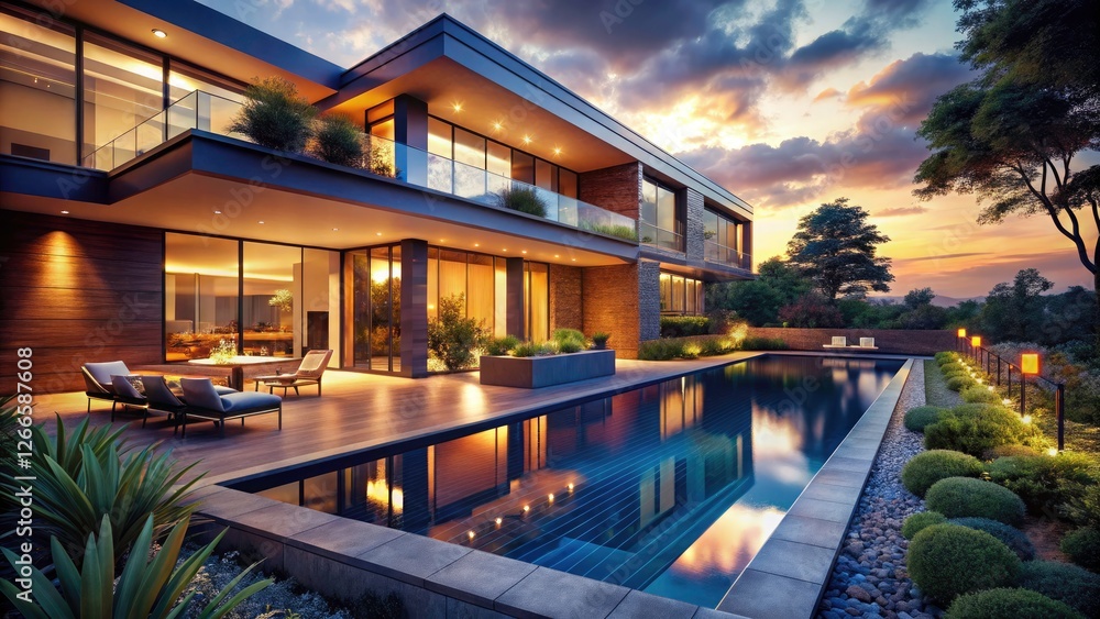 Dusk descends on a modern luxury home, its pool shimmering under low light, a tranquil scene. Dusk descends on a modern luxury home, its pool shimmering under low light, a tranquil scene.