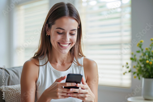 Happy young woman using smartphone at Home, smile and hold phone on her hand with internet technology use of shopping, search, chat, message at inddor living room with beautiful natural light