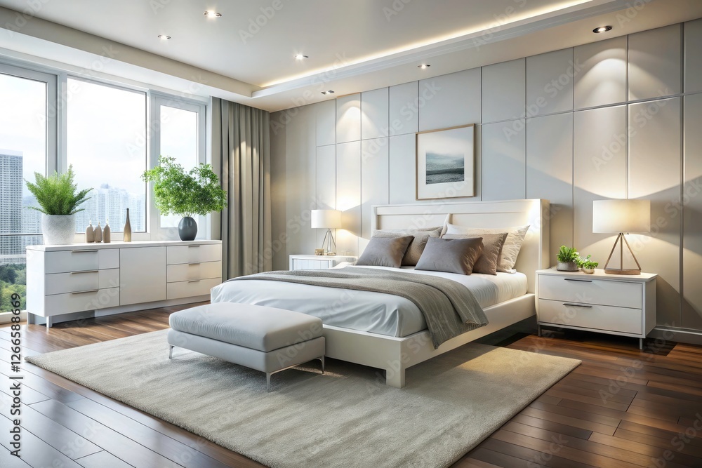 Fototapeta premium Elegant, minimalist white bedroom furniture: contemporary style, stylish suite for a serene stanza.