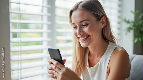 Happy young woman using smartphone at Home, smile and hold phone on her hand with internet technology use of shopping, search, chat, message at inddor living room with beautiful natural light Free Download Happy young woman using smartphone at Home, smile and hold phone on her hand with internet technology use of shopping, search, chat, message at inddor living room with beautiful natural light - GFXLoad