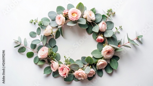 Elegant Floral Wreath of Delicate Pink Roses and Lush Green Eucalyptus Leaves Arranged in a Circular Frame on a White Background