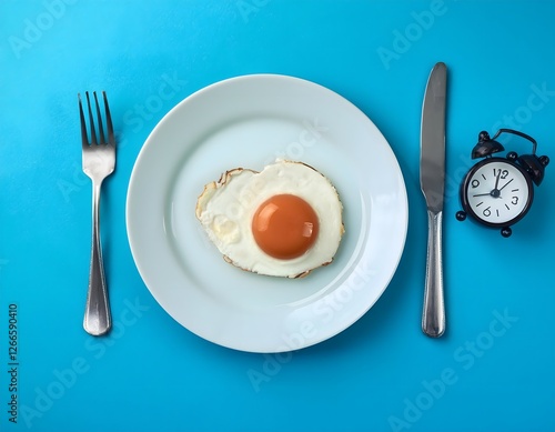 Morning Routine: Alarm Clock with Eggs on a Plate Against Blue Background photo