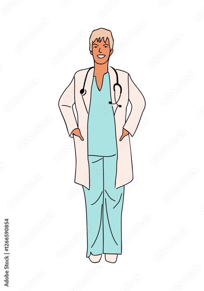 Smiling female doctor. Senior woman Medic worker in uniform and coat with stethoscope. Outline vector illustration isolated on white background. Korean japanese asian cartoon linear style. Smiling female doctor. Senior woman Medic worker in uniform and coat with stethoscope. Outline vector illustration isolated on white background. Korean japanese asian cartoon linear style.