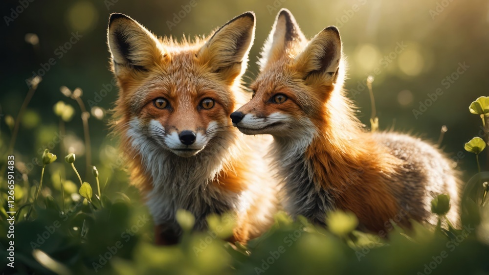 Two foxes in a sunlit field, showcasing their playful interaction and natural beauty. Two foxes in a sunlit field, showcasing their playful interaction and natural beauty.