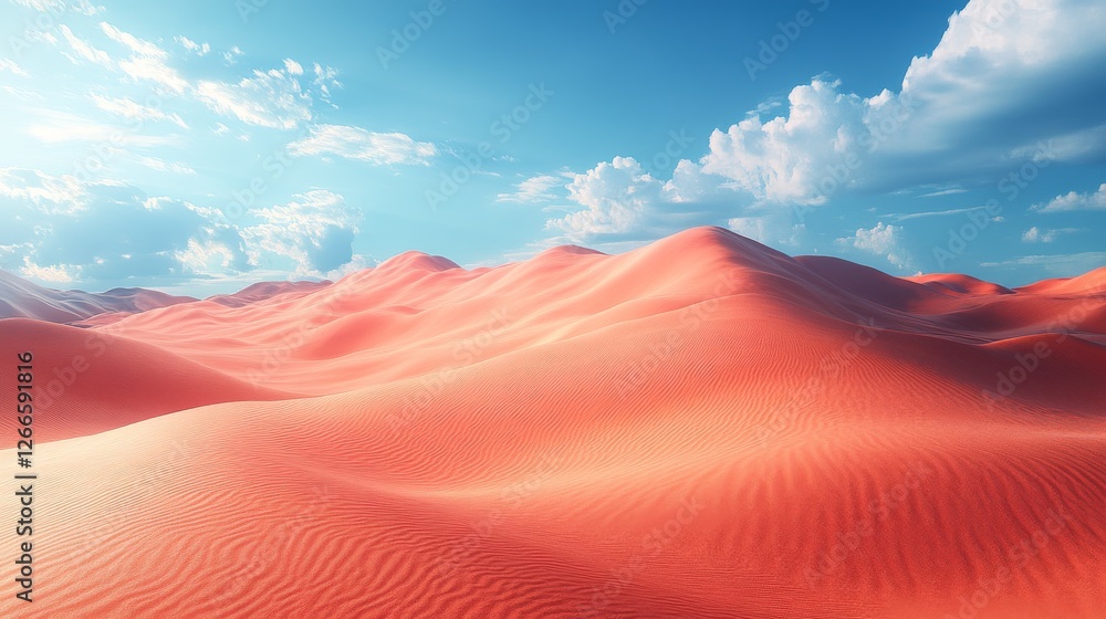 Naklejka premium Vibrant red sand dunes under a sunny sky with fluffy clouds.