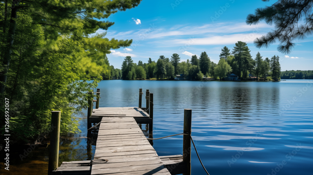 Naklejka premium Serene wooden dock on the edge of a tranquil lake, surrounded by pine trees and blue skies, capturing the beauty of nature, perfect for outdoor activities and relaxation.