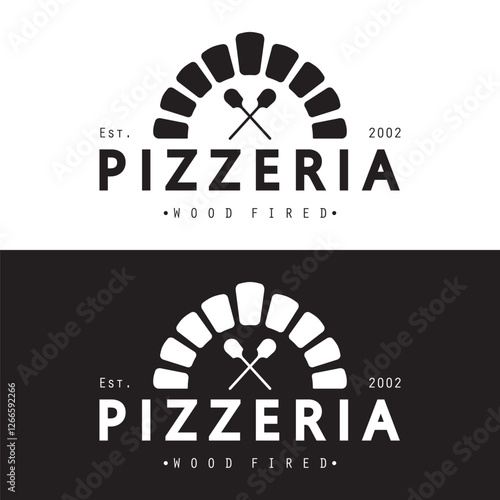 Italian food, pizza or pizzeria logo design with crossed shovels and brick oven. Logo for business, restaurant, labels and badges.