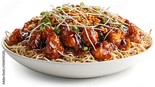 Delicious General Tsos Chicken Served Over Noodles with Herbs and Peanuts photo