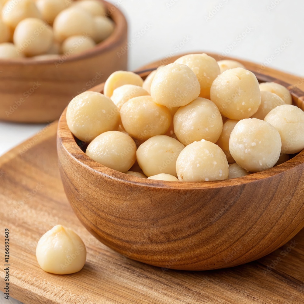 Macadamia Nuts in a Wooden Bowl with a Rustic Background, Highlighting Their Crunchy Texture and Rich, Buttery Flavor for a Nutritious and Healthy Snack Macadamia Nuts in a Wooden Bowl with a Rustic Background, Highlighting Their Crunchy Texture and Rich, Buttery Flavor for a Nutritious and Healthy Snack
