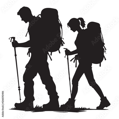 Couple hiking silhouette vector art