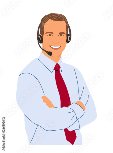 Call center, hotline, customer service businessman representative with headsets vector realistic illustration isolated. IT Support worker, telemarketing agent. Handsome man in formal office outfit.