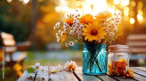 Autumn bouquet in teal vase on wooden table in park at sunset