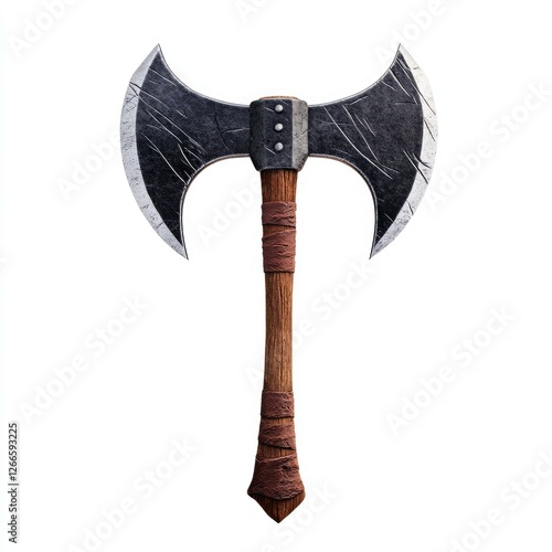 A stunning double-headed axe with intricate design and a sturdy wooden handle., on a white background photo