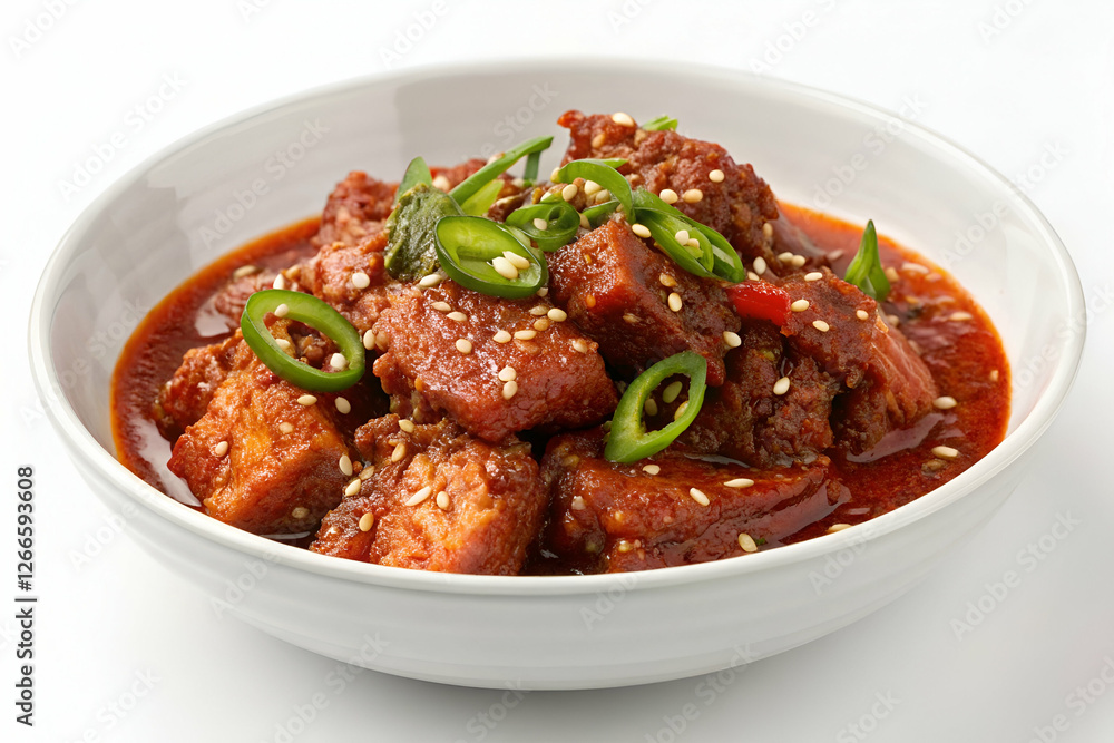 Spicy Asian Tofu Dish With Sesame Seeds And Green Chili In White Bowl Close Up Spicy Asian Tofu Dish With Sesame Seeds And Green Chili In White Bowl Close Up