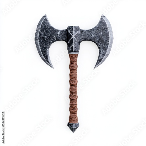 A vintage double-headed axe with a wooden handle and intricate details., on a white background photo