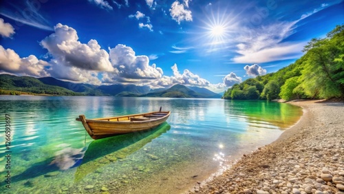Serene Lakeside Serenity A Wooden Rowboat Gently Anchored in Crystal-Clear Waters, Basking in the Warmth of a Summer Sun, Surrounded by Lush Green Foliage and Majestic Mountains