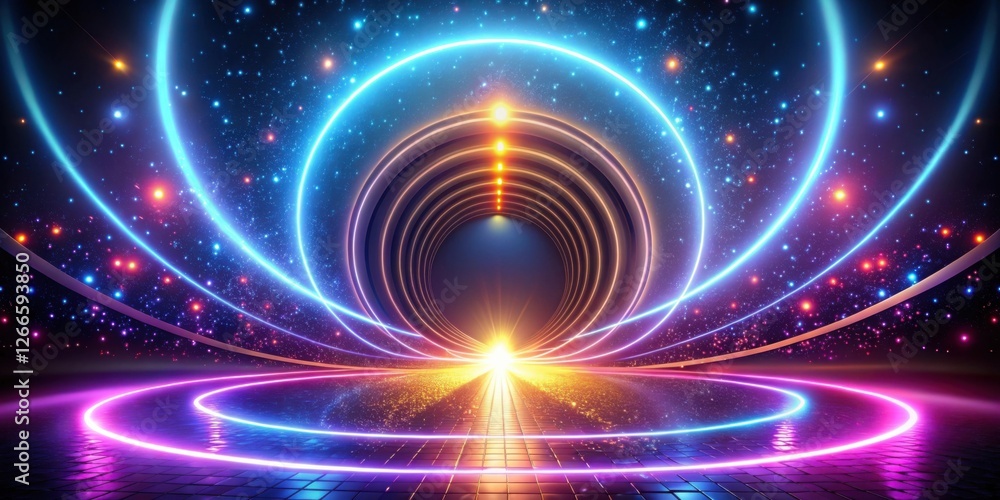 Futuristic Neon Gateway A Radiant Path Through Vibrant Cosmic Circles and Sparkling Stardust Futuristic Neon Gateway A Radiant Path Through Vibrant Cosmic Circles and Sparkling Stardust
