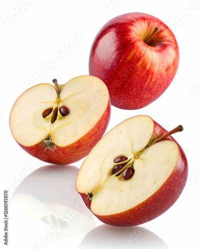Two Apples And Apple Halves Against A Pure White Background Reflective Surface