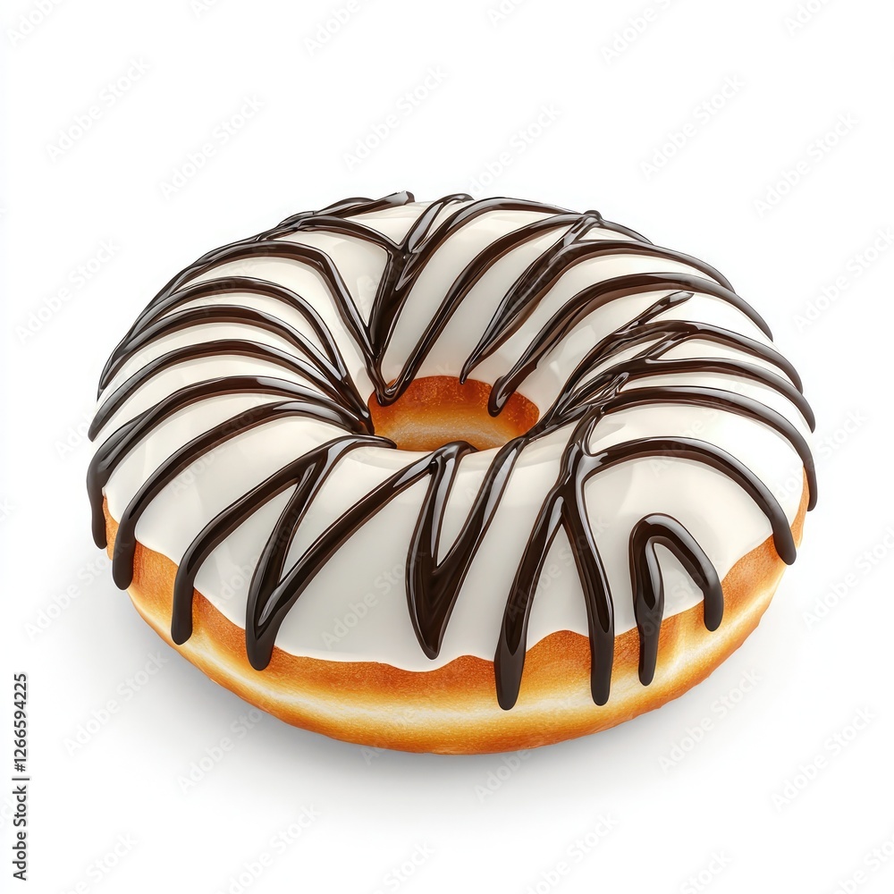 Delicious chocolate-drizzled donut with creamy icing on a soft, fluffy base., on a white background Delicious chocolate-drizzled donut with creamy icing on a soft, fluffy base., on a white background