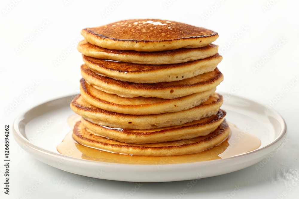 Golden Pancake Stack Drizzled With Syrup On A Plate For Breakfast Meal food Golden Pancake Stack Drizzled With Syrup On A Plate For Breakfast Meal food