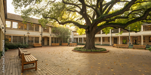 Outdoor Brick Courtyard with Large Tree, Brown Benches, and Architecture on