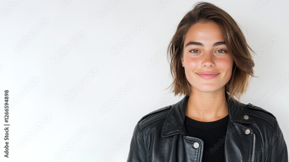 Fototapeta premium French happy woman wearing black leather jacket smiling isolated on white background